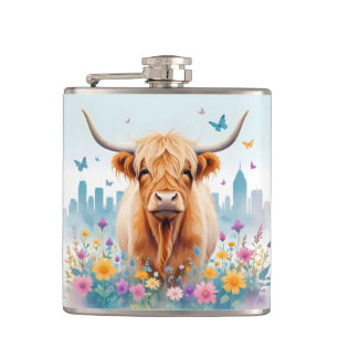 Highland Cow Vintag Animal Nature Forest City Art Flachmann
