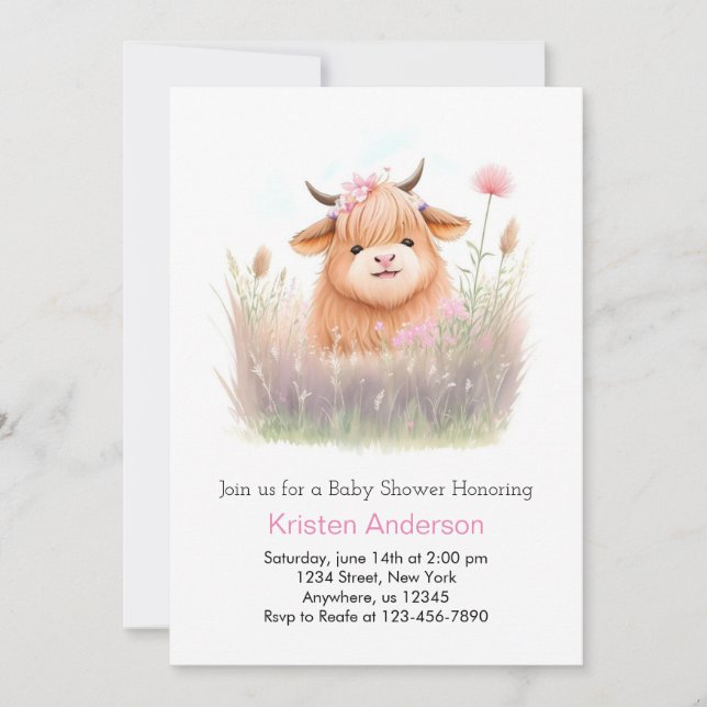 Highland Cow Watercolor Girl Baby Dusche Einladung (Vorderseite)