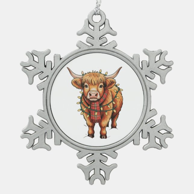 Highland Cow Weihnachten Weihnachten Weihnachtsbau Schneeflocken Zinn-Ornament (Vorderseite)