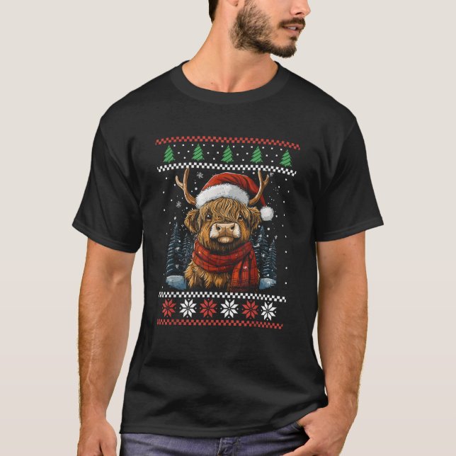 Highland Cow Weihnachtsmannmütze Ugly Christmas Sw T-Shirt (Vorderseite)
