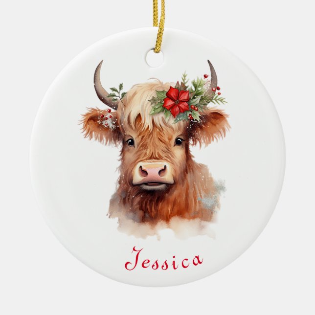 Highland Cow Weihnachtsname Personalisierte Weihna Keramik Ornament (Vorne)