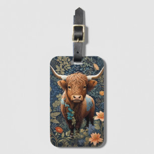 Highland Cow William Morris inspiriertes blaues Bl Gepäckanhänger