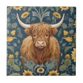 Highland Cow William Morris-Stil Gelbe Sonnenblume Fliese