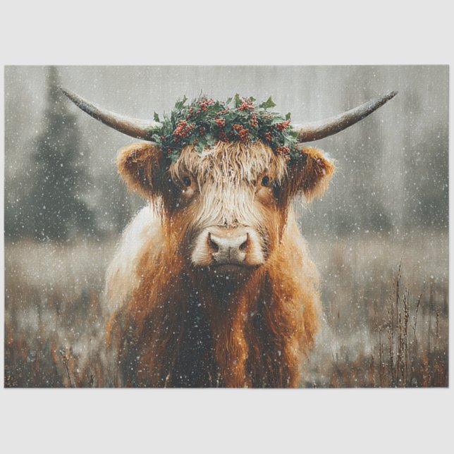 Highland Cow With Christmas Wreath Crown Seidenpapier (Vorderseite)