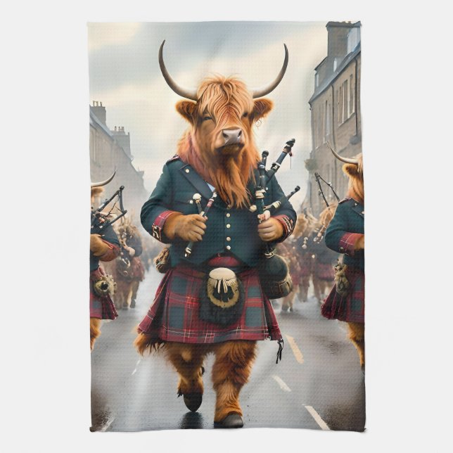 Highland-Harmonie: Dudelsack-Hochlandkuh-Band  Geschirrtuch (Vertikal)