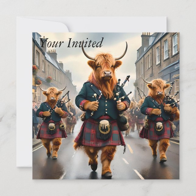 Highland Harmony: Bagpipe Highland Cow Band Einladung (Vorderseite)