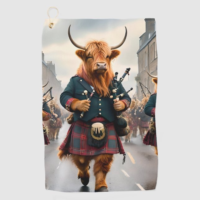Highland Harmony: Bagpipe Highland Cow Band Golfhandtuch (Vorderseite)