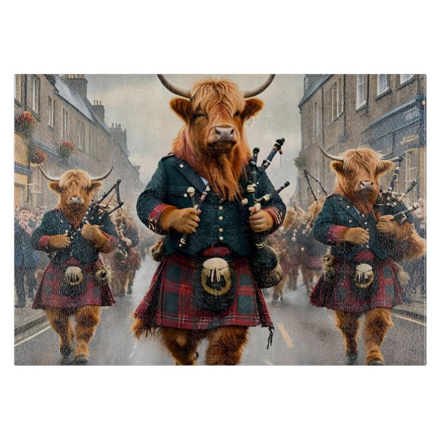 Highland Harmony: Bagpipe Highland Cow Band Schneidebrett (Vorderseite)