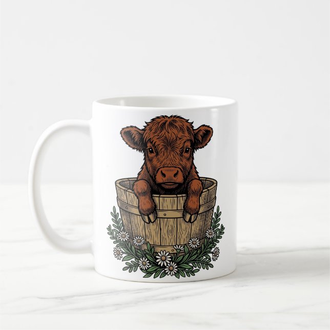 Highland-Kälberhemd Vintage-Daisy-Eimer-Kunst Kaffeetasse (Links)