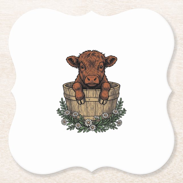 Highland-Kälberhemd Vintage-Daisy-Eimer-Kunst Untersetzer (Vorderseite)