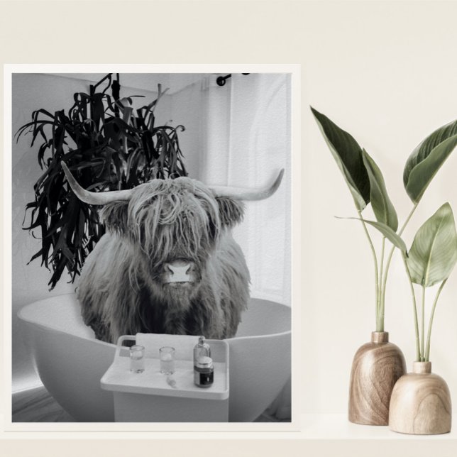 Highland Kuh Badewanne Schwarz-weiß Badezimmer Poster (Von Creator hochgeladen)