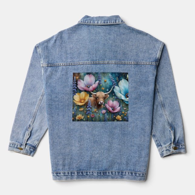 Highland-Kuh Blumenfarbige Cosmos  Jeansjacke (Rückseite)