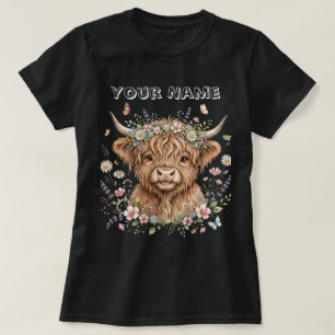 Highland-Kuh-Blumenkrone-Aquarell-Design T-Shirt