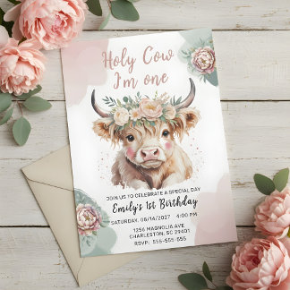 Highland-Kuh Boho-Aquarell zum ersten Geburtstag Einladung