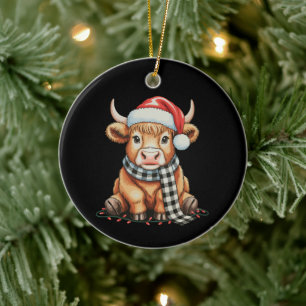 Highland-Kuh Frohe Weihnachten Lichter Santa-Hut X Keramik Ornament