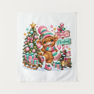 Highland-Kuh Frohe Weihnachten Wandteppich