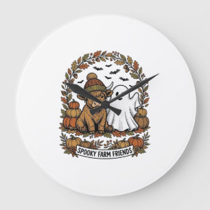 Highland-Kuh Halloween-Geist-Kürbis Vintage-Kunst Große Wanduhr