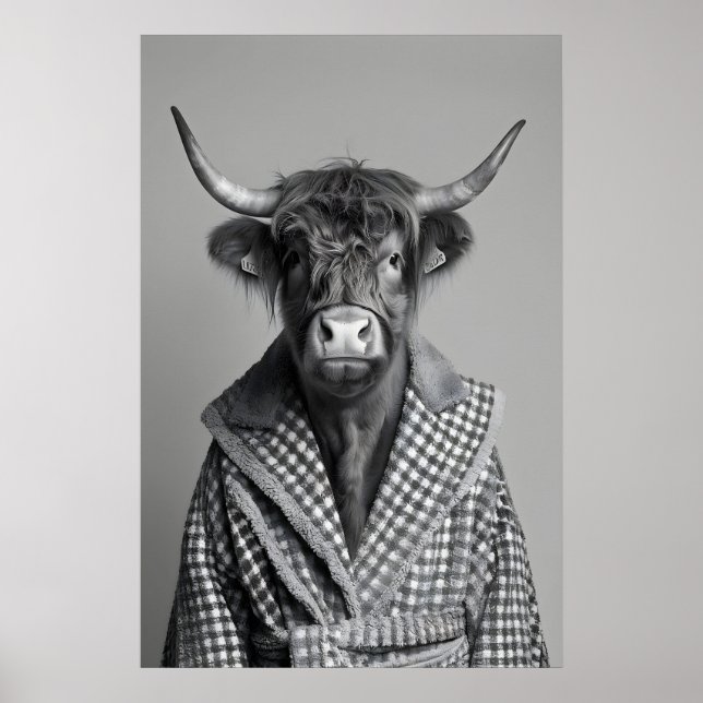 Highland-Kuh im Bademantel-Druck, Lustiges Badezim Poster (Vorne)