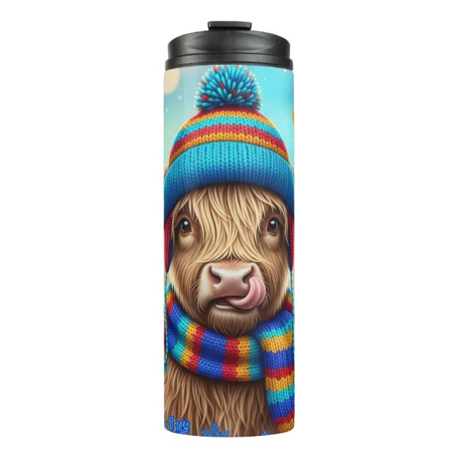 Highland-Kuh in Regenbogen-Strick Thermosbecher (Vorderseite)
