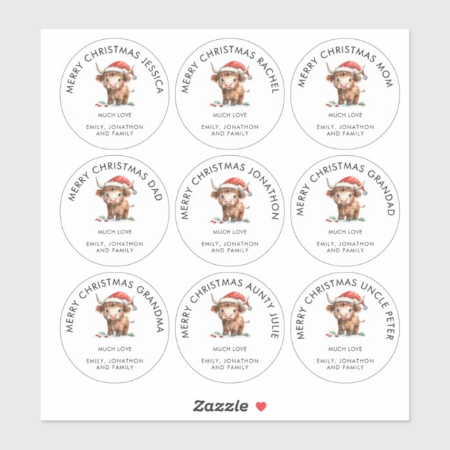 Highland Kuh individuelle Namen Frohe Weihnachten Aufkleber (Blatt)