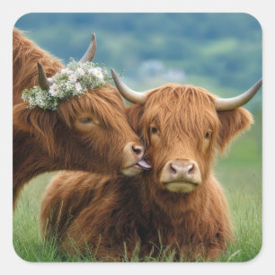 Highland-Kuh-Kuss Quadratischer Aufkleber