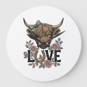 Highland-Kuh-Liebe Vintage-Blumen-Hufeisen-Kunst Große Wanduhr
