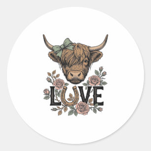 Highland-Kuh-Liebe Vintage-Blumen-Hufeisen-Kunst Runder Aufkleber