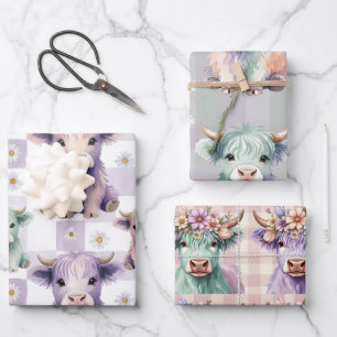 Highland-Kuh Lila Salbei Osterglocken Pastell Geschenkpapier Set