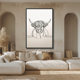Highland-Kuh-Linienkunst Neutrales Farmhouse-Desig Leinwanddruck