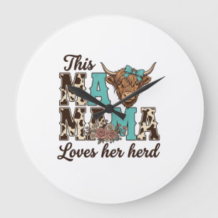 Highland-Kuh-Mama-Liebt-Ihr-Herd-Shirt-Design Große Wanduhr