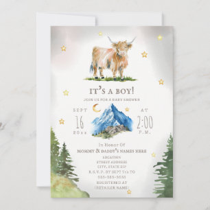 Highland-Kuh-Mond-Sterne-Berg-Baby-Party Einladung