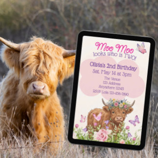 Highland-Kuh Moo Moo Zwei 2. Geburtstag Einladung