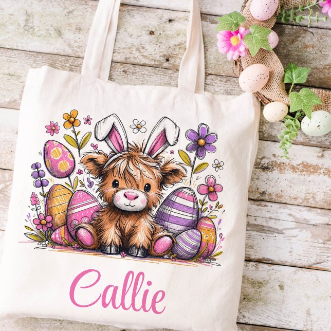 Highland Kuh Osterkids Name Girls Bunny Tragetasche (Highland Cow Girls Easter Tote)
