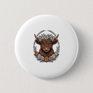 Highland-Kuh-Ostern Vintage-Blumen-Ei-Kunst Button