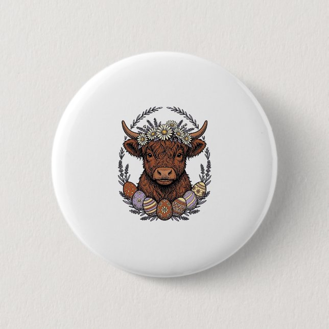 Highland-Kuh-Ostern Vintage-Blumen-Ei-Kunst Button (Vorderseite)