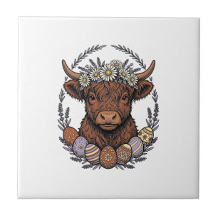 Highland-Kuh-Ostern Vintage-Blumen-Ei-Kunst Fliese
