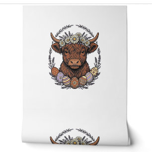 Highland-Kuh-Ostern Vintage-Blumen-Ei-Kunst Tapete