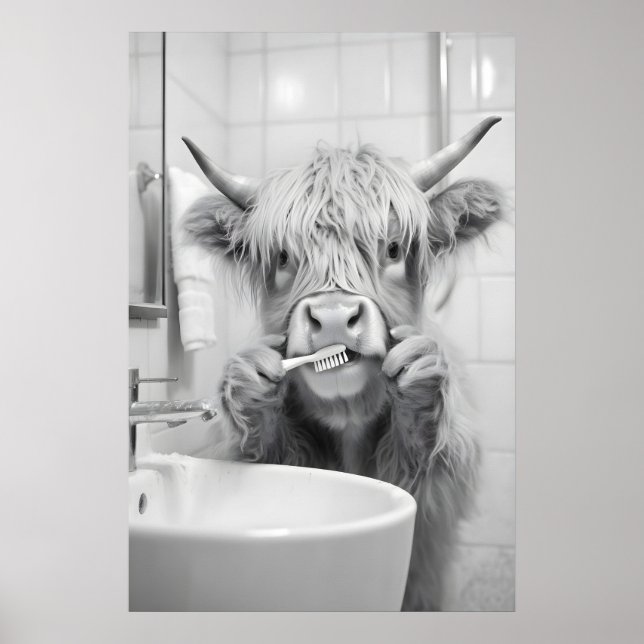 Highland-Kuh putzt Zähne Druck, Lustiges Badezimme Poster (Vorne)