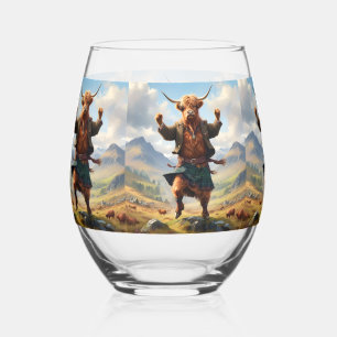 Highland-Kuh tanzt Highland Fling, Weinglas Ohne Stiel
