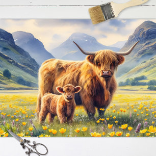 Highland-Kuh und Kalb Butterblumenfeld-Dekupage Seidenpapier