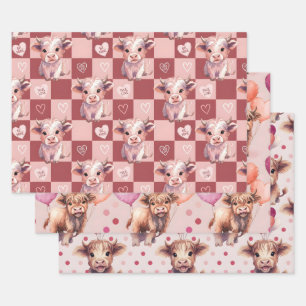 Highland-Kuh Valentinstag Rosa Süßigkeiten-Herzen- Geschenkpapier Set