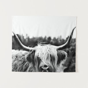 Highland Longhorn Kuh Schwarz-Weiß Rustikal Boho Wandteppich