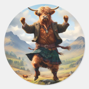 Highland-Rind beim Highland Fling tanzen, Runder Aufkleber