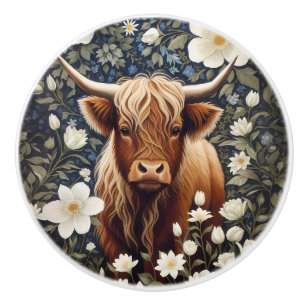 Highland-Rind Elegantes Weißes Floraldesign Keramikknauf