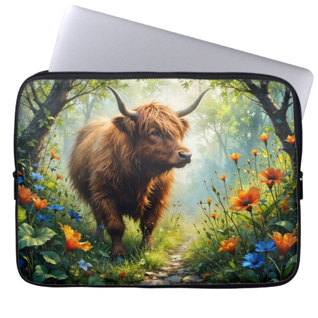 Highland-Rind im Wald mit Wildblumen Laptopschutzhülle (Vorderseite)