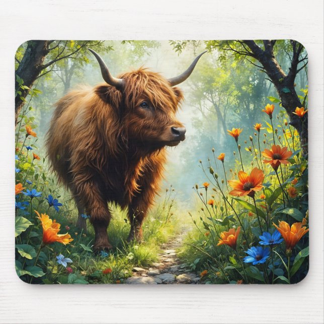 Highland-Rind im Wald mit Wildblumen Mousepad (Vorne)