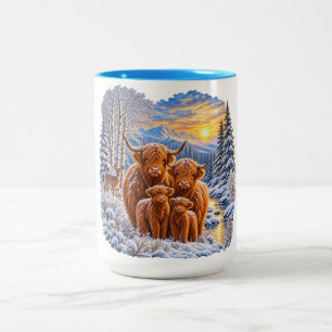 Highland-Rinder-Familie Schnee Winter Berg Zweifarbige Tasse