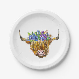 Highland Scottish Cow mit Blume Watercolor Pappteller