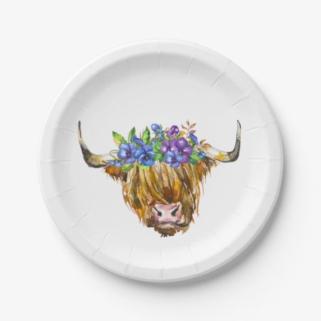 Highland Scottish Cow mit Blume Watercolor Pappteller (Vorderseite)