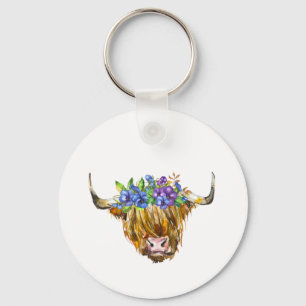 Highland Scottish Cow mit Blume Watercolor Schlüsselanhänger